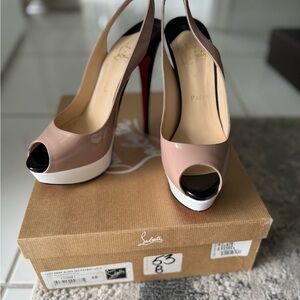 Christian Louboutin Peep Toe Heels - Tan and Black